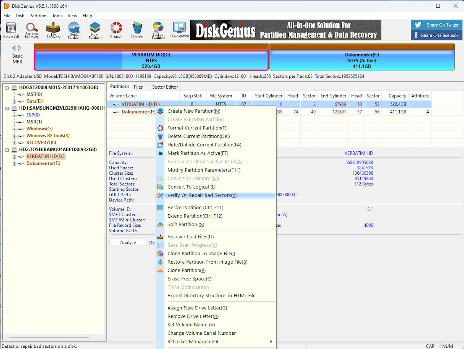 Trinn 2: Høyreklikk på en partisjon i hovedvinduet, og velg Verify Or Repair Bad Sectors.
